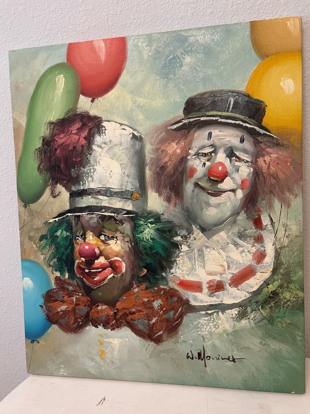 VINTAGE CANVAS OIL PAINTING FOLK ART CLOWNS SIGNED WILLIAM MONINET